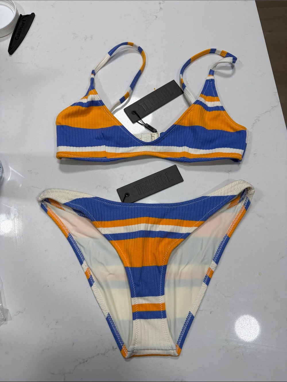 triangl swimwear Blue, Orange & White Ribbed Stripe Bikini Set